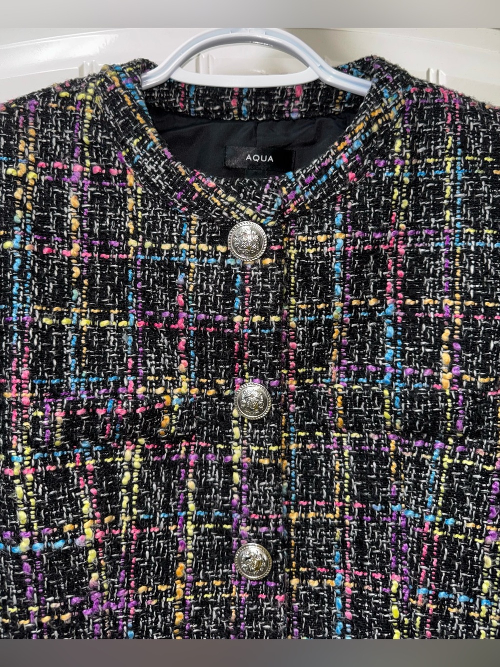 EUC WOMEN Sz SMALL (bust 36”) AQUA TWEED BOUCLE BLAZER JACKET MULTICOLOR - Picture 3 of 4